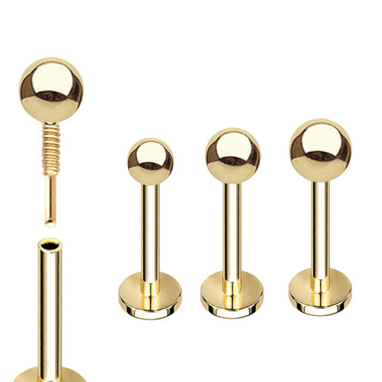 14K Gold Ball Threaded 16G Flat Back Stud - Cartilage, Nose, Lip