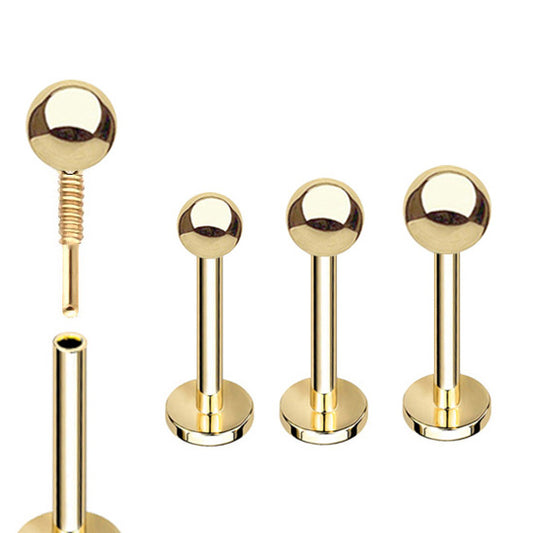 14K Gold Ball Threaded 16G Flat Back Stud - Cartilage, Nose, Lip